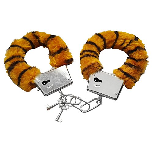 Handschellen Handfesseln Plüsch Scherzartikel Plüschhandschellen Hand Schellen - Mit Sicherheitshebel und 2 Schlüsseln - (tiger) - 2